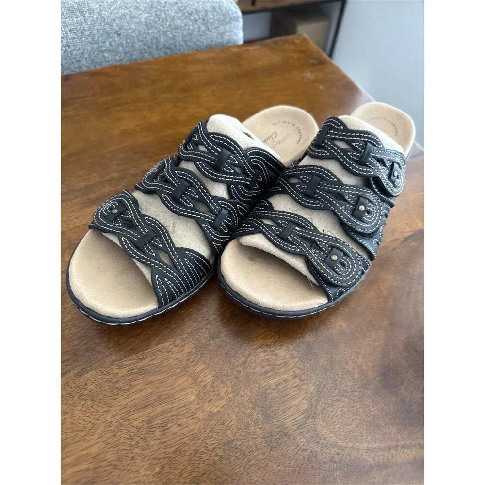 Clarks Leather Leisa Faye Sz 37.5 Adjustable Triple Strap Slip On Black Sandals